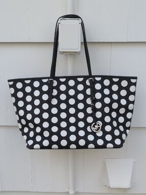 Michael Kors Black And White Polka Dot Large Jet Set Tote.